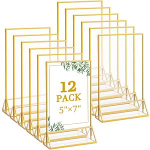 Floroom 12 Pack 5x7 Inch Clear Acrylic Sign Holders, Double-Sided Gold Display Stand Picture Frames for Table Numbers, Menus, Flyers, Weddings, and Offices