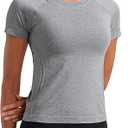 CRZ YOGA Seamless Workout Tops for Women Waist Length - Running Gym Athletic Yoga Short Sleeve Shirts Breathable Crewneck Medium