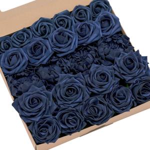 Ling's Moment Artificial Flowers Fake Roses Faux Foam Peony Combo for DIY Wedding Bouquets Centerpieces Arrangements Bridal Shower Party Home Decorations, Navy Blue, 24pcs