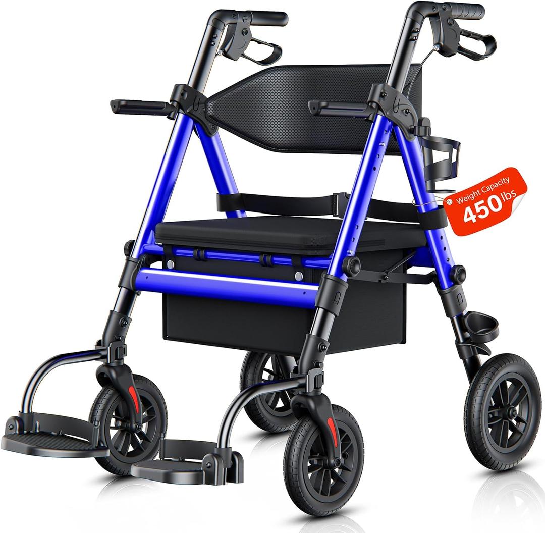 Walkers for Seniors 2 in 1 Wheelchair Combo, 450 lb Foldable Rollator Transport Chair with Seat, Heavy Duty Rolling Walker 10" Wheels for All Terrain, Blue