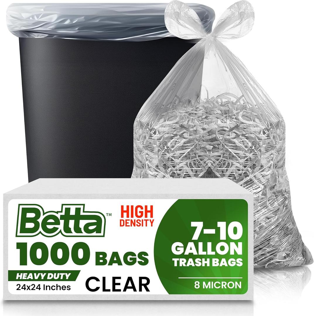 Betta 8-10 Gallon Medium Trash Bags, Clear, 1000 Count Box, (24x24-inch) Commercial Office Wastebasket Garbage Can Liners, 7-10 Gallon Round Cans, 6-8 Gallon Slim and Square Cans