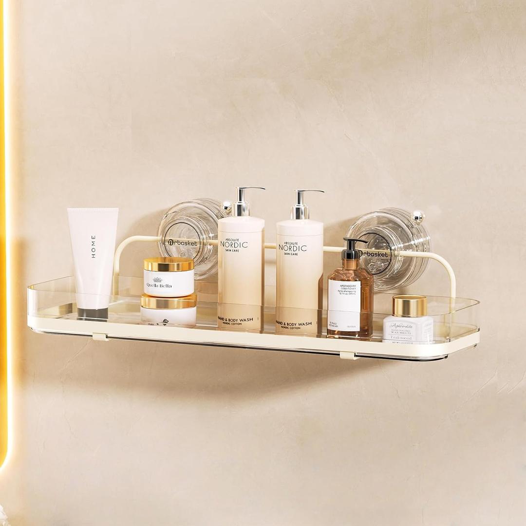 Suction Cup Shower Caddy, Wall Mounted No Drilling Bathroom Shower Organizers Storage Rack, Removable Shelves for Inside the Shower, Clear (White)
