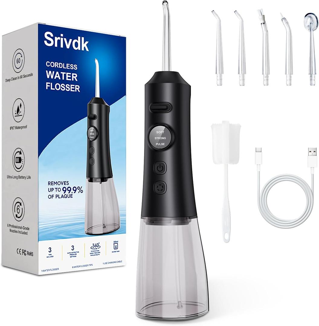Water Dental Flosser for Teeth  300ML Cordless Oral Irrigator with 6 Replaceable Jet Tips, 3 Modes, Portable Rechargeable Electric Flosser for Braces & Sensitive Gums, IPX7 Waterproof for Home&Travel (Black)