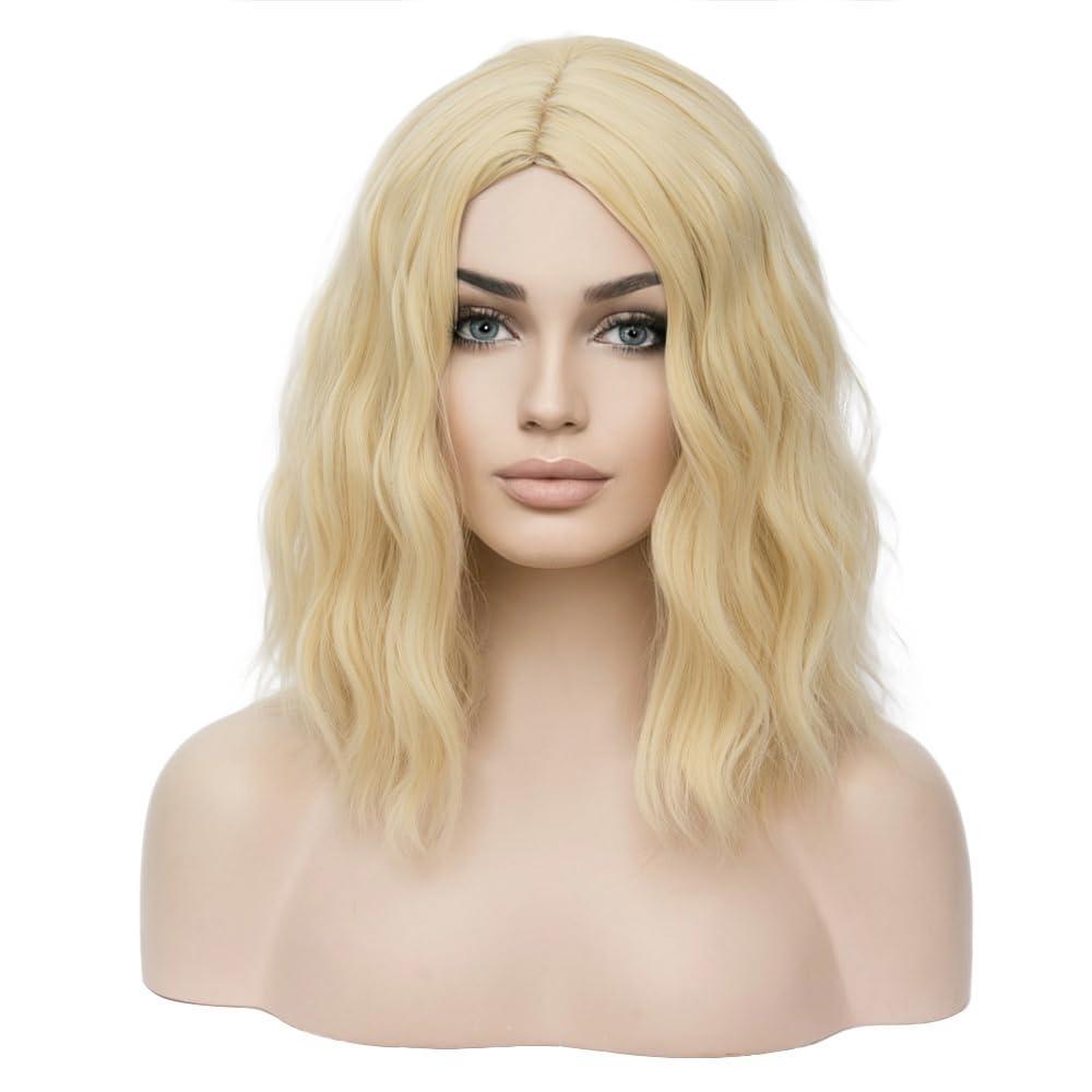 BERON Blonde 12 Inch Wigs for Women Girls Short Curly Wavy Hair Wig 30 cm Light Blond Shoulder Length Body Wave Halloween Cosplay Daily Party Wigs (Light Blonde)