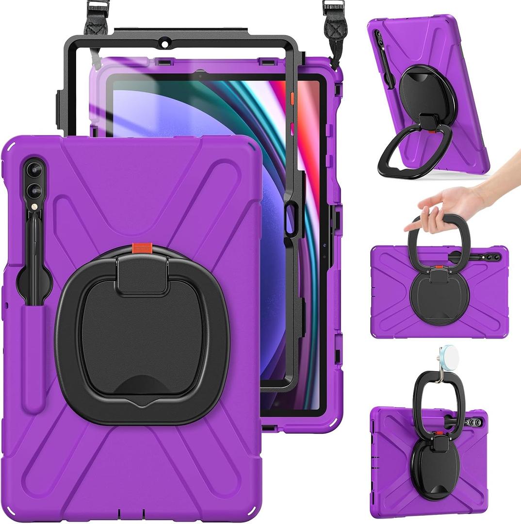 BRAECN Case for Samsung Galaxy Tab S10+/S9 FE+/S9+/S8+/S7 FE/S7+ 12.4 SM-X820/X610/X810/X800/T730/T970, Silicone Cover w/Screen Protector/Handle Grip/Kickstand/Shoulder Strap/S Pen Holder, Purple