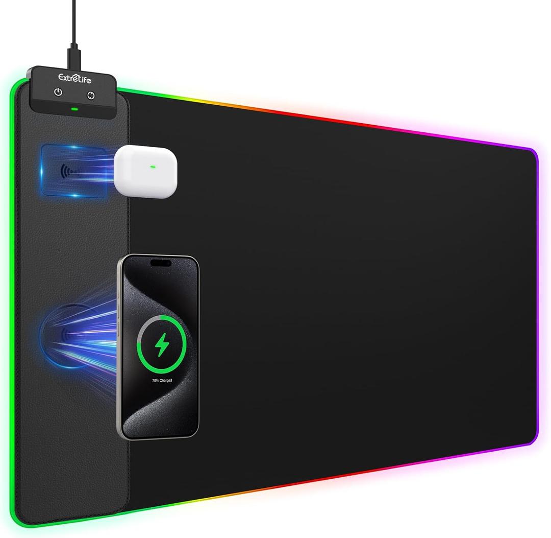 Wireless Charging Mouse Pad 15W, RGB Gaming Mouse Pad with Wireless Charger for iPhone/Airpods, 31.5"x15.7" XXL Large Desk Mat, 13 Light Modes, Magnetic Charging, Waterproof, Desk Pad for Gamer, Black