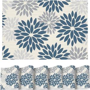 Artoid Mode Floral Vinyl Plistic Placemats Set of 6, Washable Heat Resistant Non-Slip Woven Plastic PVC Place Mats for Farmhouse Holiday Party Kitchen Dining Decor (12" x 18", Rectangular 6 Pcs, Beige/Blue)