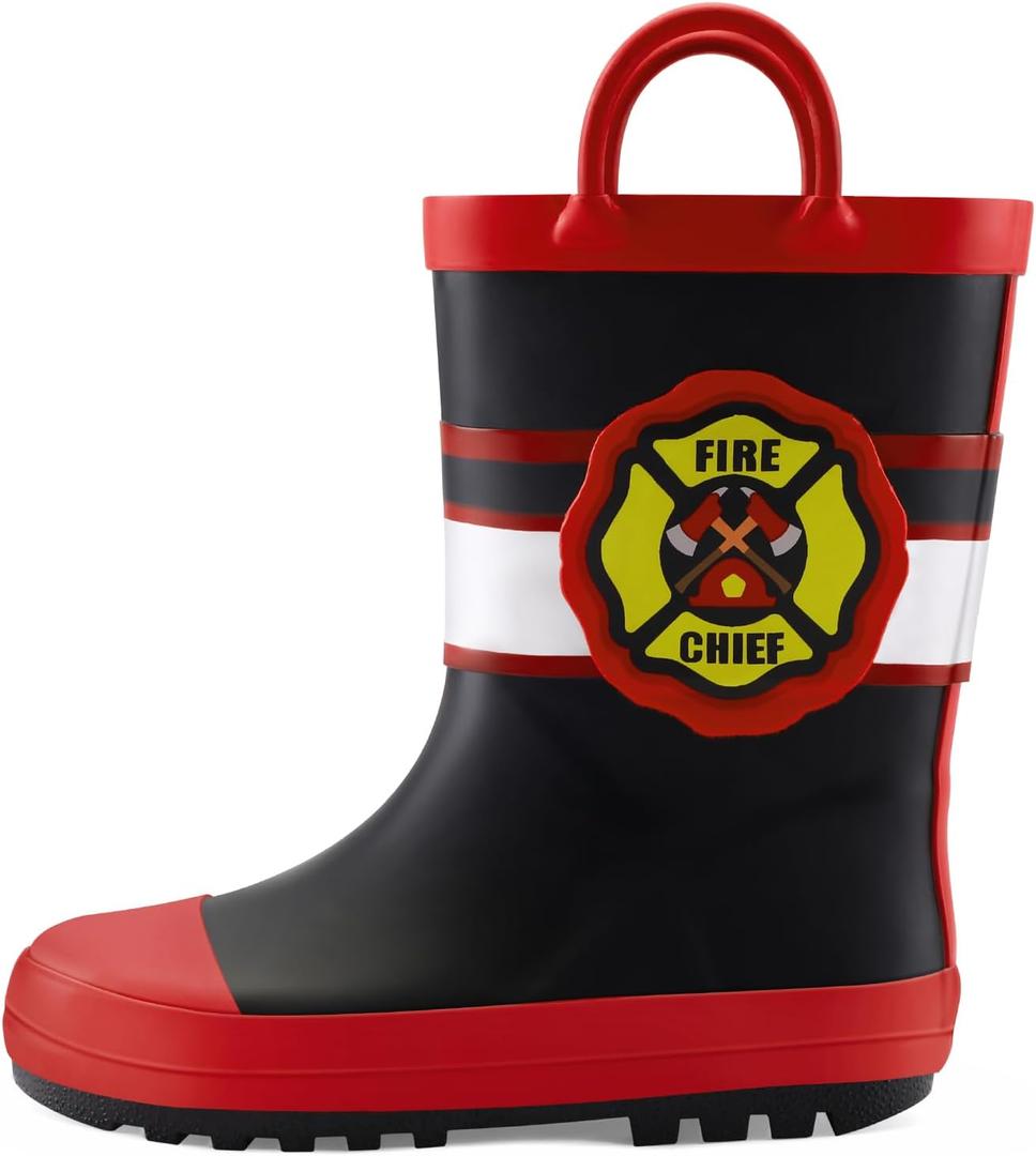 mysoft Kids Rain Boots for Girls Boys Toddler Waterproof Rubber Cute Printed with Easy-On Handles (Fire Chief) 8