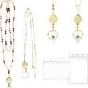 2 x 2PCS Lanyards for ID Badges, Retractable Teacher Lanyard Set with 2 Waterproof ID Badge Holders, Wooden Beaded Lanyard for Women Keys Id Badges Cruise Ship Cards