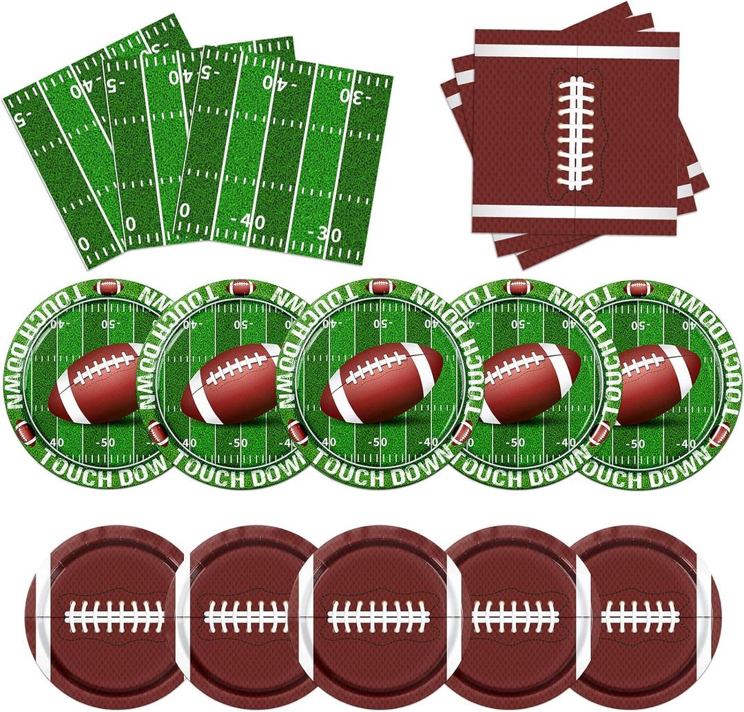 Football Party Supplies - 100pcs Touchdown Tableware with Plates, Napkins and Decorations for Football Birthday and Tailgate Parties