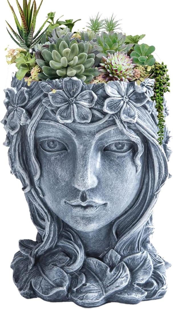 Face Flower Pot Head Face Planter, Goddess Succulent Pot Cute Resin Planter with Drainage Hole for Indoor Outdoor Plants (A-Grey)