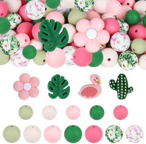 120pcs Silicone Beads for Keychain Making,Focal Beads and 15mm 12mm Silicone Beads for Pens Bracelet Making DIY kit (Flamingo)