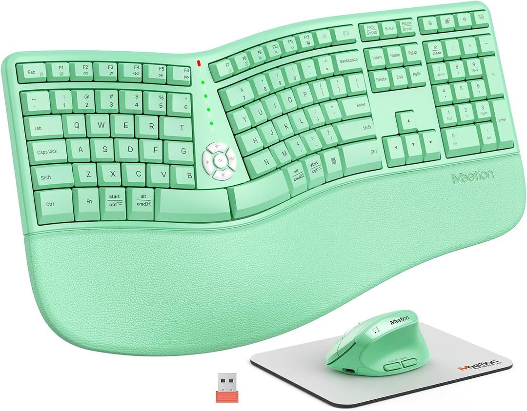 MEETION Ergonomic Keyboard and Mouse, Ergo Wireless Keyboard with Vertical Mouse, Split Curved Keyboard with Wrist Rest, Full Size Natural Typing, Windows/Mac/Computer/Laptop, Green