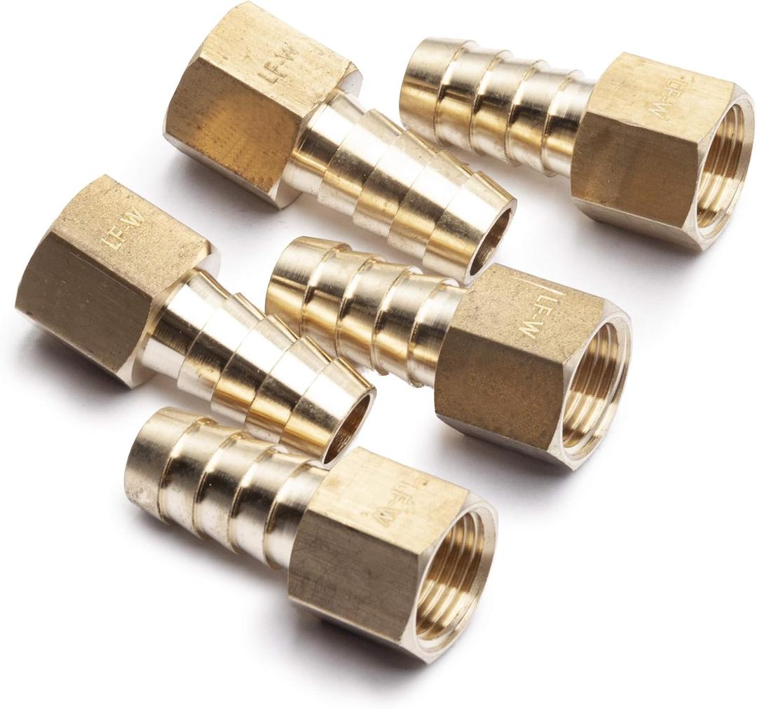 LTWFITTING No Lead Brass Fitting Coupler/Adapter 1/2" Hose Barb x 3/8" Female NPT Fuel Gas Water (Pack of 5)