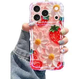 Jusy Case for iPhone 17 Pro Max, Colorful Retro Oil Painting Printed Flower Laser Blue Glossy Pattern Cute Curly Wave Phone Case Soft TPU Cover for Girly Women -Strawberry Flower