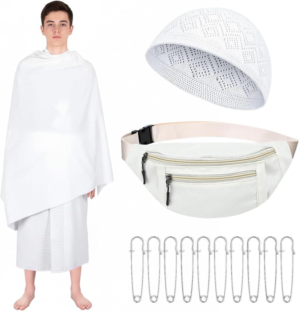Suhine 14 Pcs Teen Men's Ihram Set for Hajj and Umrah Essentials, Islamic Ahram Ehram Towel Waist Belt Kufi Hat and 10 Pins(Teen Size)