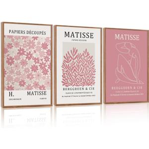 HLNIUC Matisse Pink Framed Wall Art Set,Neutral Pink Flower Canvas Wall Decor Set of 3(24”x36’) Modern Aesthetic Pictures Painting,Abstract Floral Market Art Print for Living Room Bedroom Office