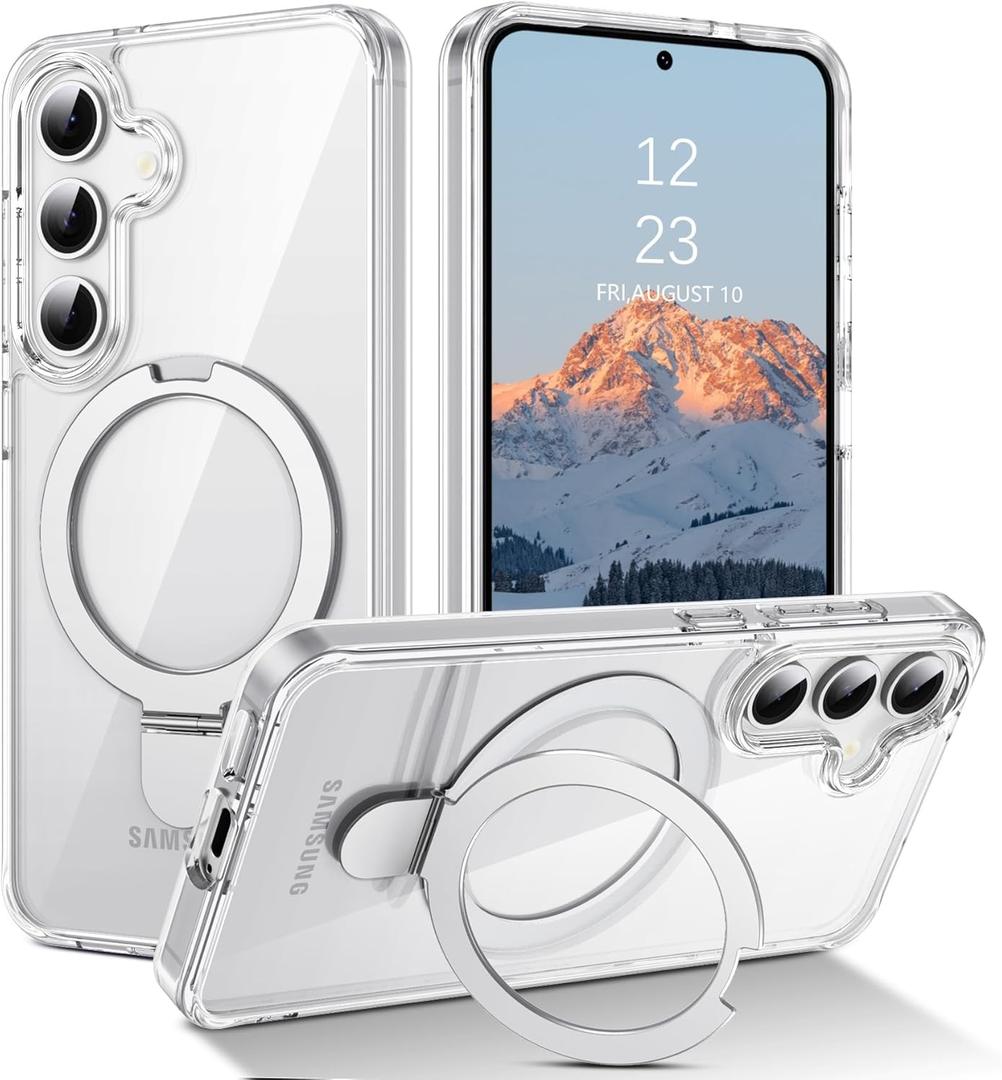 DUEDUE for Samsung Galaxy S25 Case Magnetic, Samsung S24 Case with Ring Stand, Full Protective Cover Slim Shockproof Kickstand Phone Cases for Samsung S25/S24 6.2", Clear