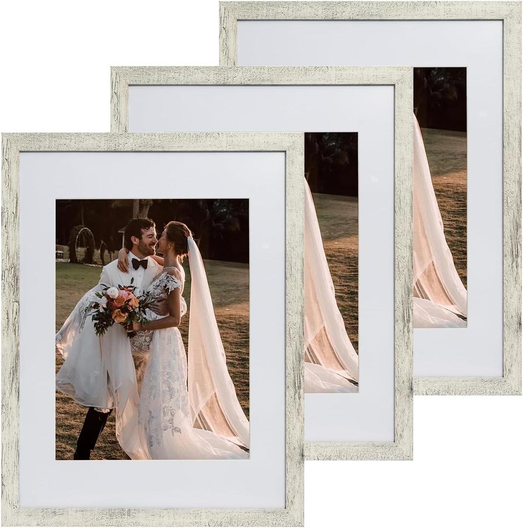 12x16 Farmhouse Picture Frames Set of 3, Photo Frame Display 9x12 Pictures with Mat or 12x16 without Mat, Hang on the Wall, Distressed White