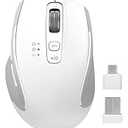 Wireless Mouse with Bluetooth, USB-A, USB-C Receiver, Rechargeable, Full-Size Mouse, Silent, Ergonomic, for MacBook/Laptop/Computer/PC/iPad-White