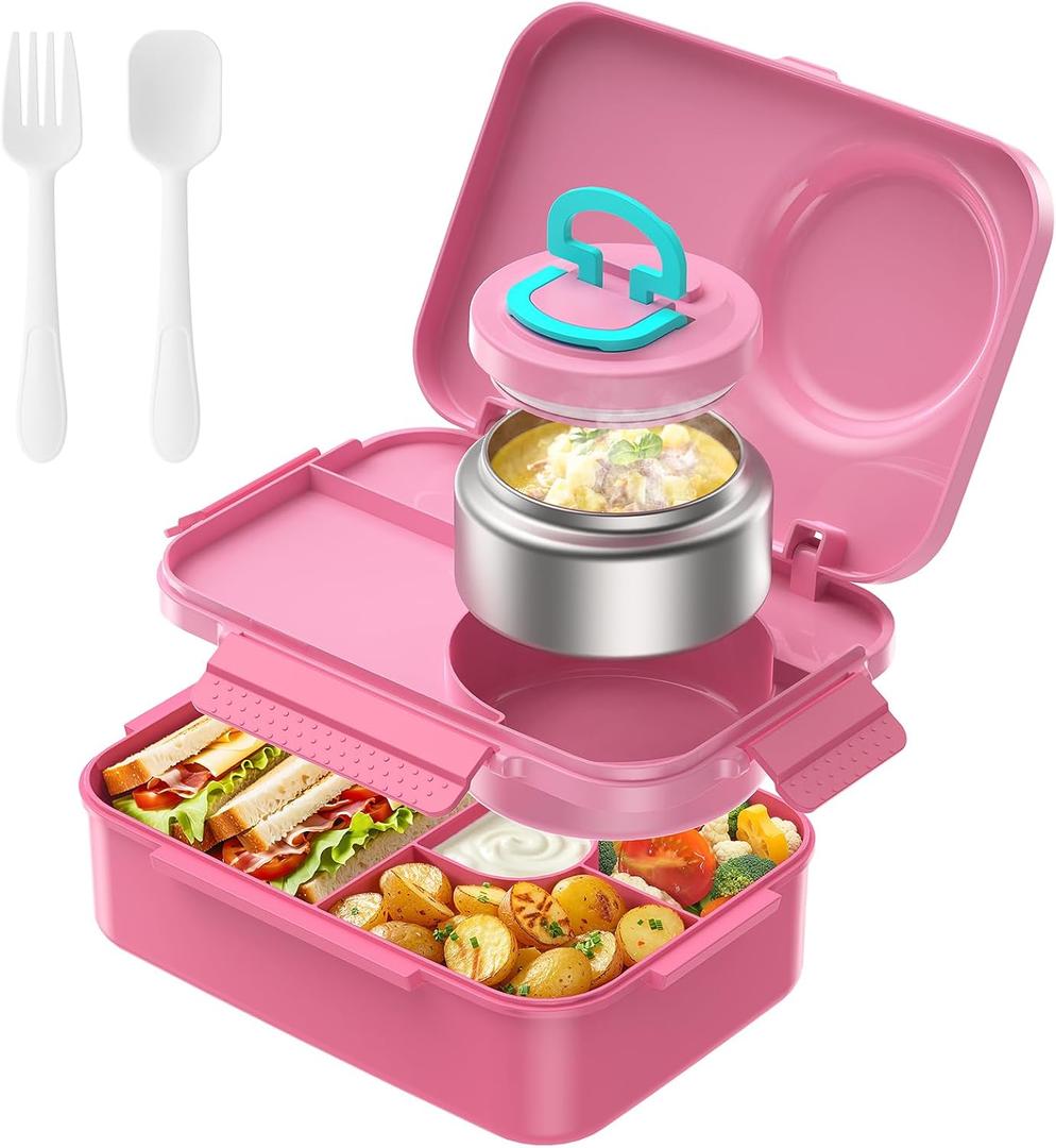 DaCool Kids Bento Box with Thermo for Hot Food Leakproof 1500ml Lunchbox for Kids with 5oz Small Thermo for Girls with Fork Spoon for Dining Out Work School, Pink