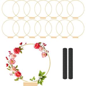 12 Inch 15 Sets Metal Floral Hoop Centerpiece with Wood Stands, Gold Metal Rings for Party Dream Catcher Wedding Table Wreath Decor, Wall Hanging Wreaths