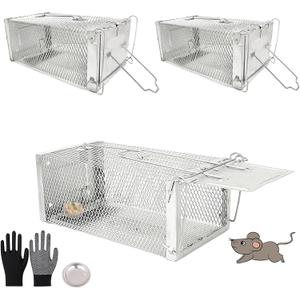3 Packs Humane Rat Trap, Live Mouse Cage Traps Catch and Release for Outdoor and Indoor Chipmunk, Small Animals, Rodent - Sliver (10.5"x 5.5"x 4.5")