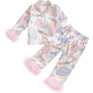 Ayalinggo Toddler Kids Baby Girl Solid Pjs Ruffle Long Sleeve Button Shirt Top and Pants Cotton 2Piece Pajamas Set (8-9 Years, Easter Egg Carrot Print)
