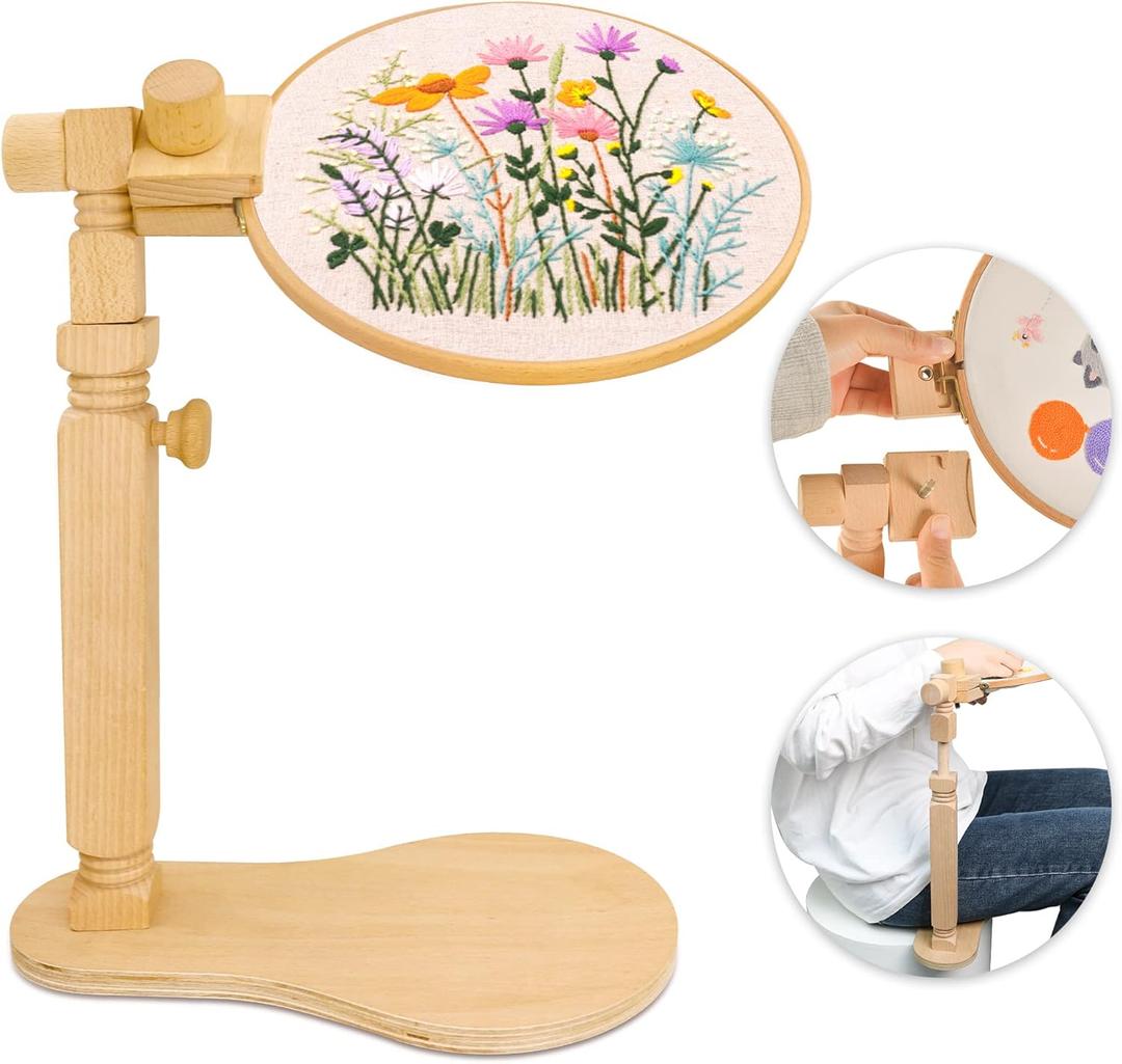 Adjustable Embroidery Hoop Stand Cross Stitch Stand Lap, Beech Wood Embroidery Hoop Holder Frame, Rotated Needlepoint Frame Stand for Art Craft Sewing Needlework Projects