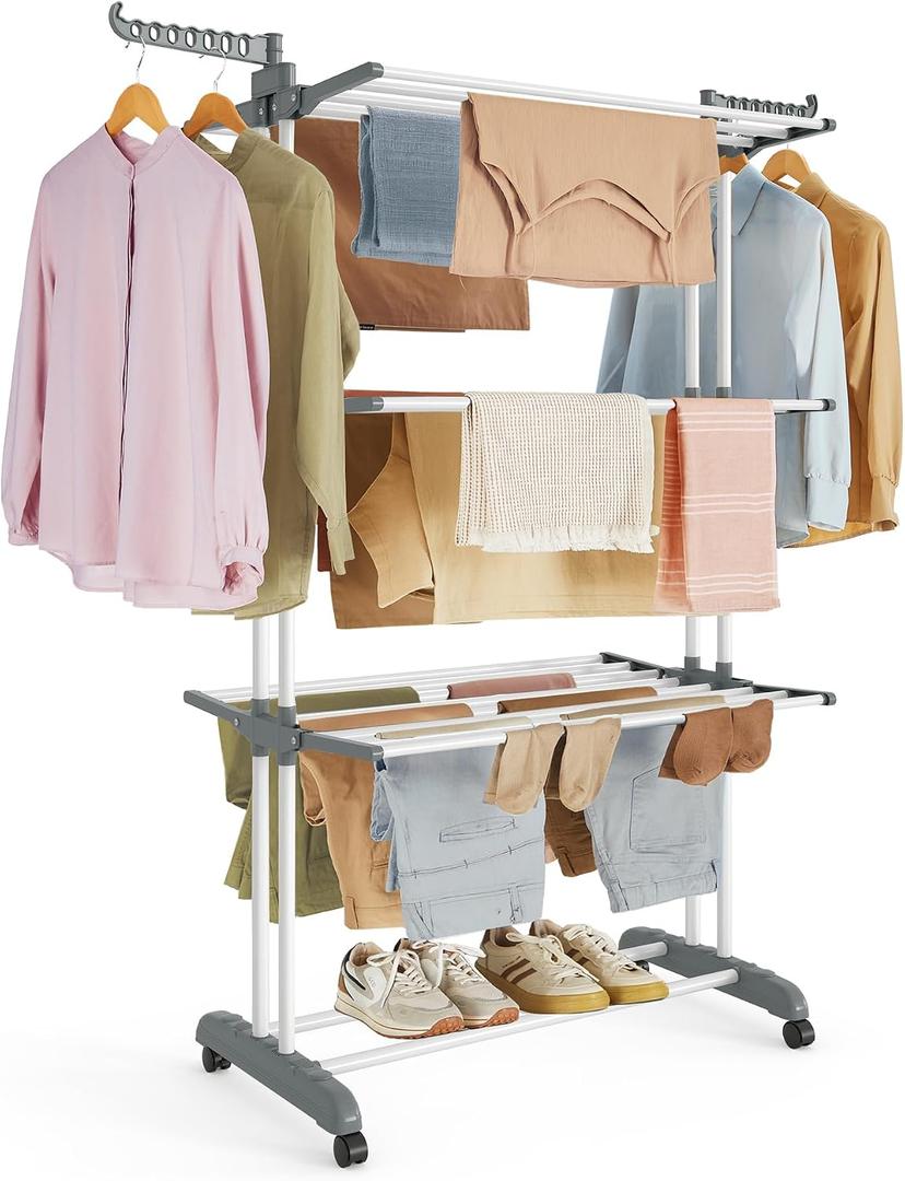 SONGMICS Clothes Drying Rack Stand 4-Tier, Foldable Laundry Drying Rack 68.1-Inch Tall, Steel, Rolling Clothes Horses Dryer Rack, Easy to Assemble, Indoor Outdoor Use, White ULLR701W01, 25"D x 50.4"W x 68.1"H