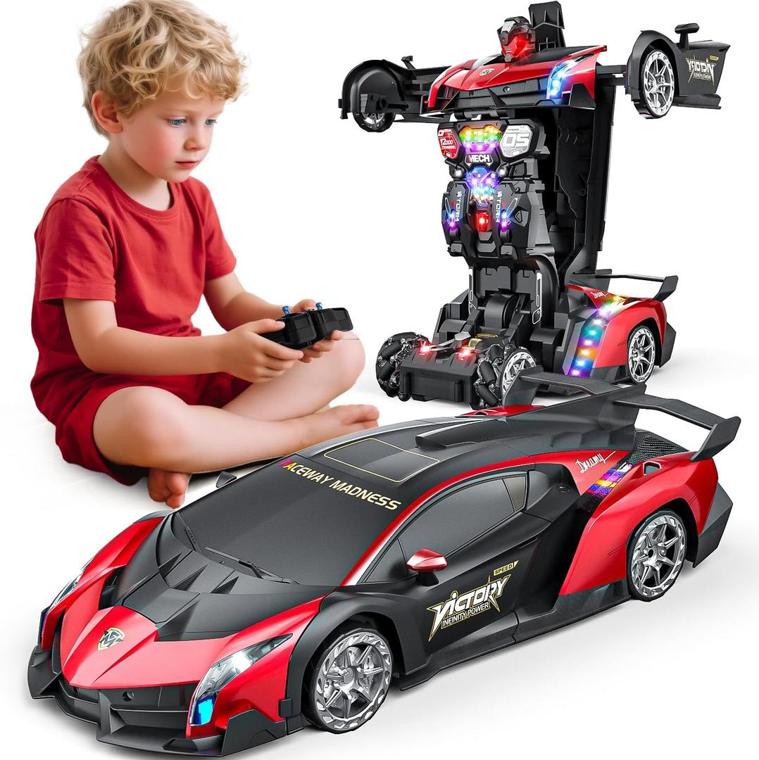 Holyton 1:10 Transforming RC Car, Large Gesture-Sensing Remote Control Car with One-Button Transformation, LED Lights, Fog Spray, 2 Rechargeable Batteries for 80-Min Playtime, Gift for Kids Ages 5-12