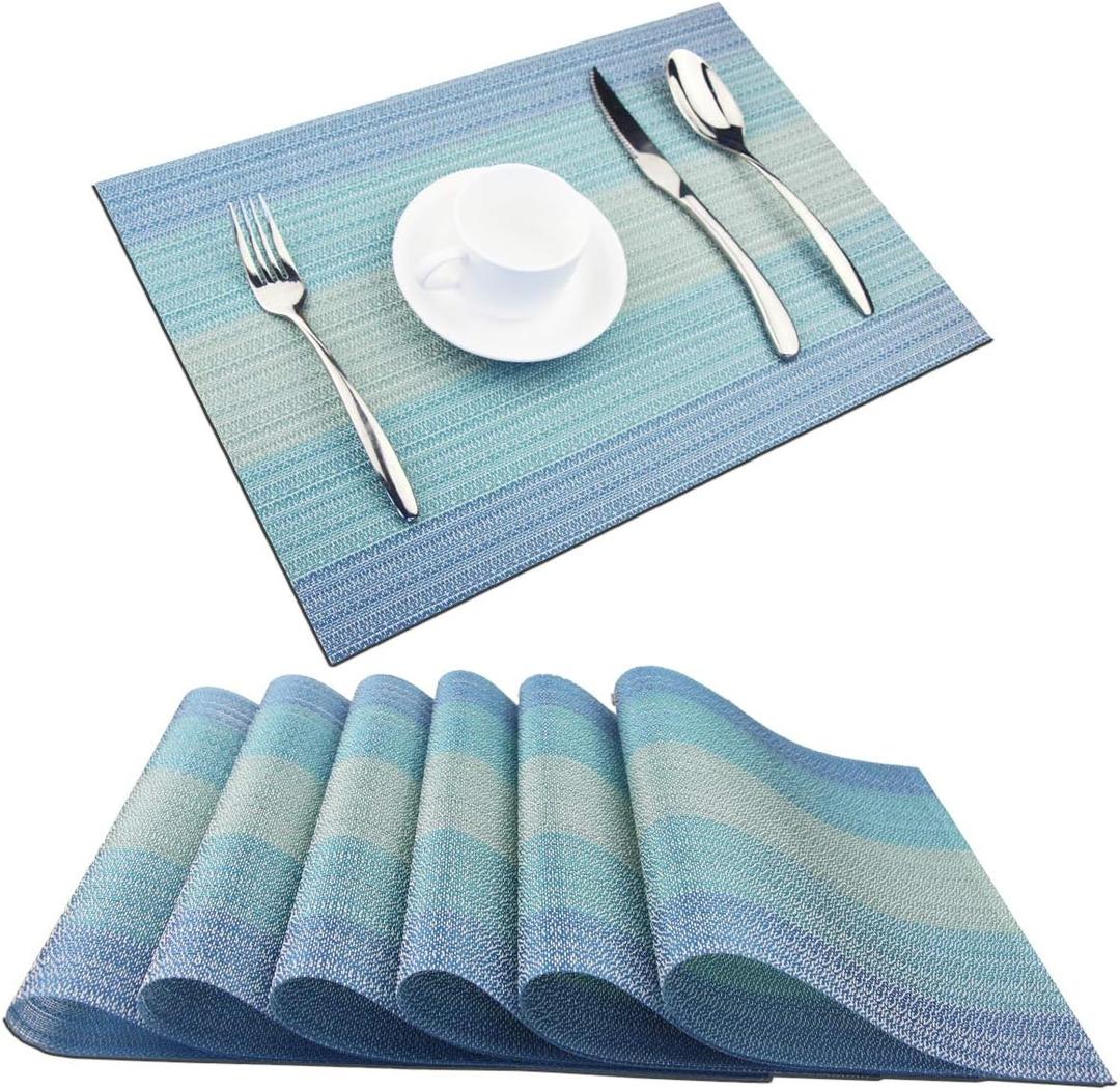 PIGCHCY Placemat,Washable Woven Non-Slip Insulation Durable Placemat Vinyl Table Mat Set of 6 (6pcs Placemats, Coastal Blue)