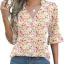 Rapbin Womens 3/4 Length Sleeve Blouses Ruffle Cuffs V Neck Button Down Shirts Dressy Flowy Tunic Tops (Small, White Red Floral)