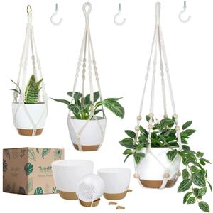 Bouqlife Hanging Planters with Macrame Plant Hangers for Indoor Outdoor Plants 3 Set Self Watering Pots Hanging Baskets Flower Pot Holders 3 Different Size, Medium