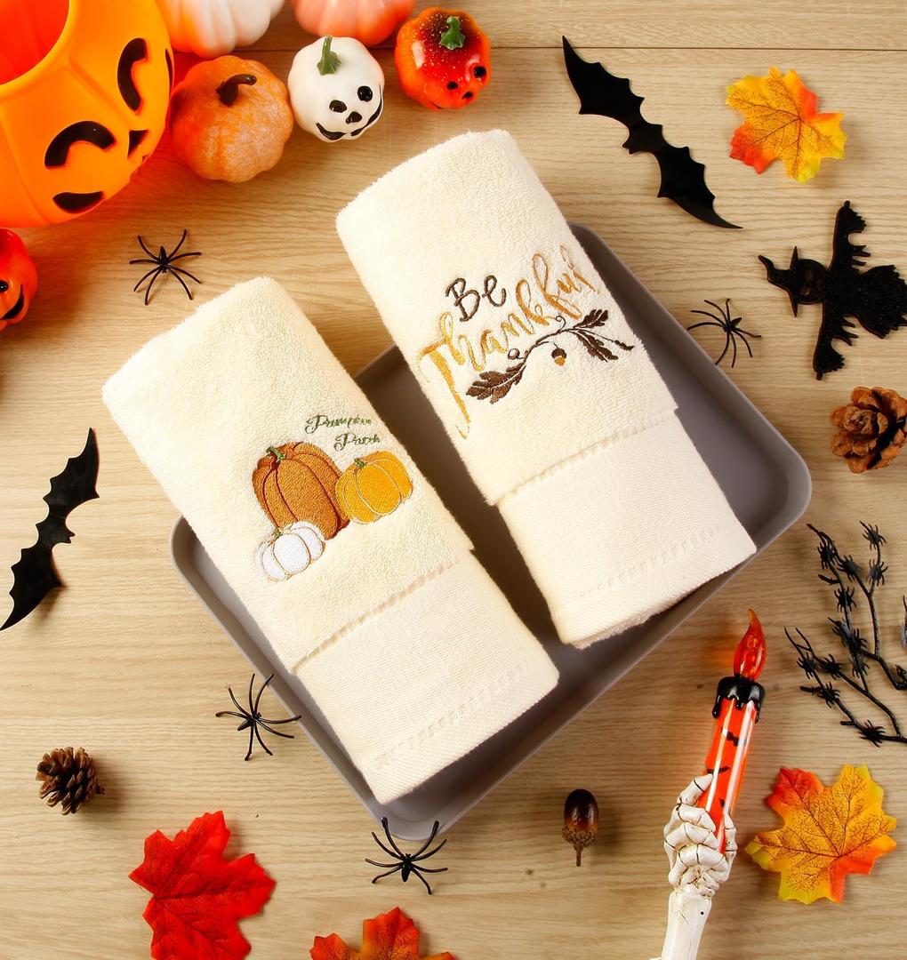 3 Pcs Thanksgiving Hand Towels for Bathroom Embroidered Fall Pumpkin Bathroom Towels 100% Cotton Give Thanks Dishcloths Hello Fall Washcloths 13.3 x 29.5 for Thanksgiving Gifts Kitchen Decor(Orange)