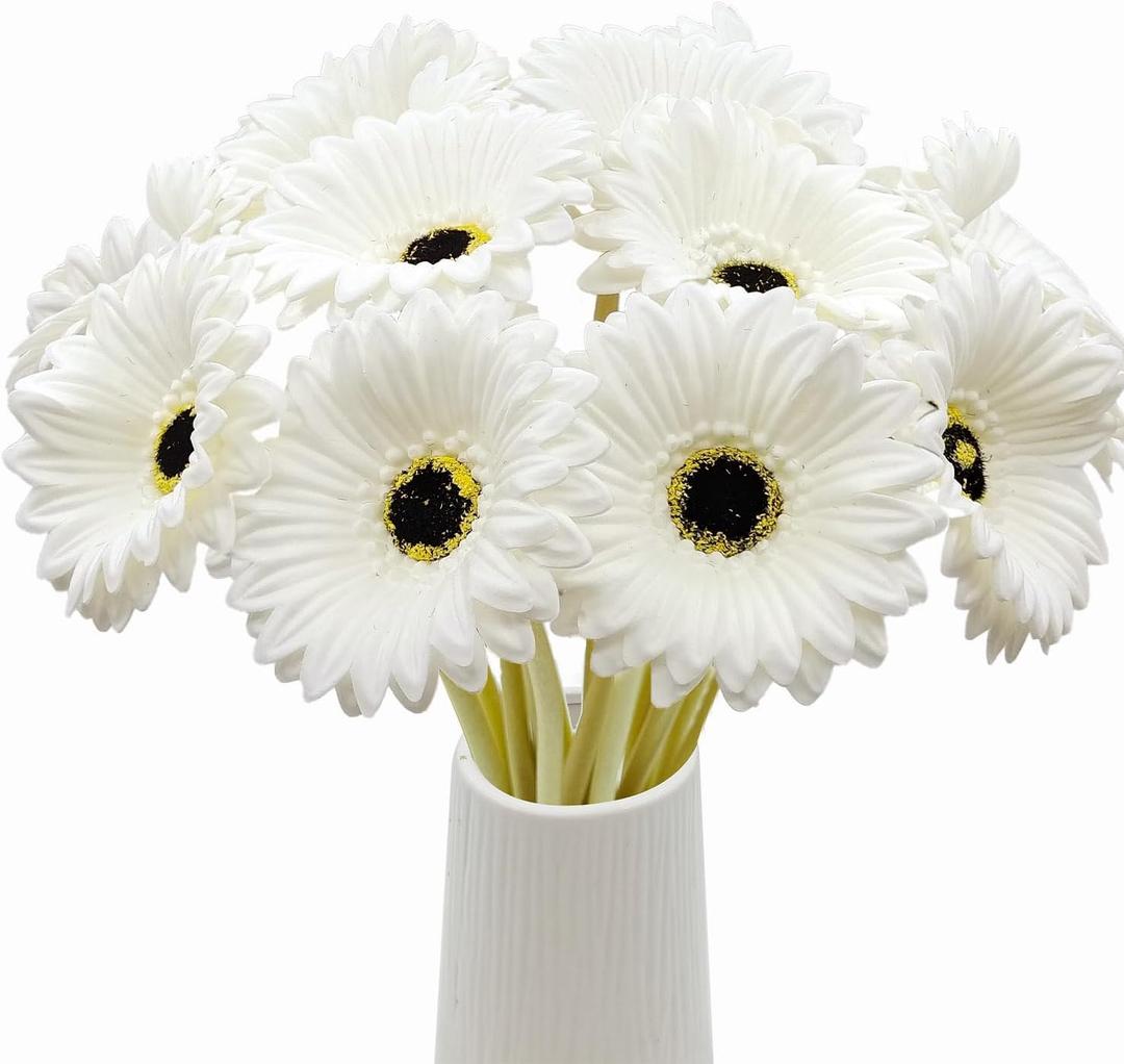 15 Pcs Artificial Gerbera Daisies Flowers Fake Daisy Real Touch PU Faux Flowers Bouquet for Indoor Home Arrangements Vase Wedding Party Table Centerpiece DIY Floral Decor (White)