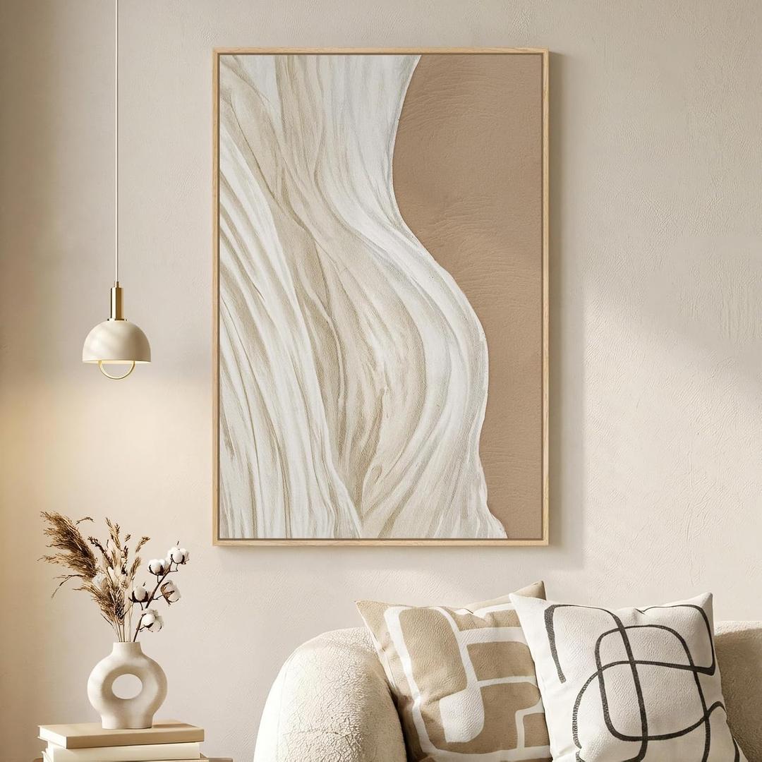 Framed Neutral Abstract Canvas Wall Art, Modern Wabi Sabi Vertical Painting Prints, Large Minimalist Beige and White Ocean Wave Artwork Decor for Living Room Bedroom Hallway 24x36 Inch