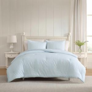 Laura Ashley - Queen Comforter Set, Striped Cotton Bedding with a Naturally Soft Feel, 3 Piece Bed Set with Matching Pillowcases (Dilly Dally Stripe Blue)