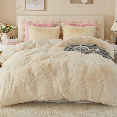 EMME Luxury Fuzzy Duvet Cover Set Twin Size Fluffy Comforter Cover Set for Twin Bed 1Pieces Shaggy and Plush Soft Bedding Duvet Covers (Cream White, 60*88")