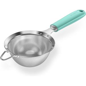 18/8 Stainless Steel Mesh Strainer: U-Taste 3.9 Inch Kitchen Fine Mesh Sieve Food Colander with Riveted Sturdy Silicone Handle and 30 Mesh Hole for Straining Flour, Quinoa, Tea, Juice (Aqua Sky) (Small (3.9*11.1in))