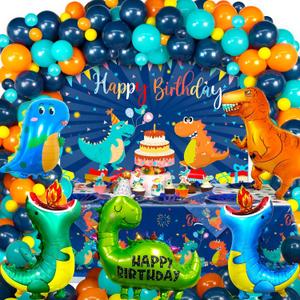 140 PCS Dinosaur Birthday Party Decorations, Blue Dinosaur Party Decorations for Boys Girls Kids Includes Balloons, Customized Backdrop, Tablecloth for Baby Shower Decorations