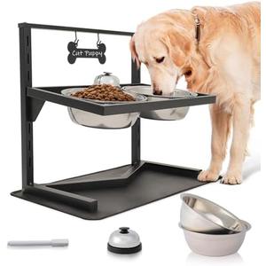 Grand Line Elevated Dog Bowls - 7 Height Adjustable, 10 Tilted Raised Stand With Spill Proof Mat, Two 1.5L Stainless Steel Food Water Bowls for Large Medium Small Dogs (15.4" H)