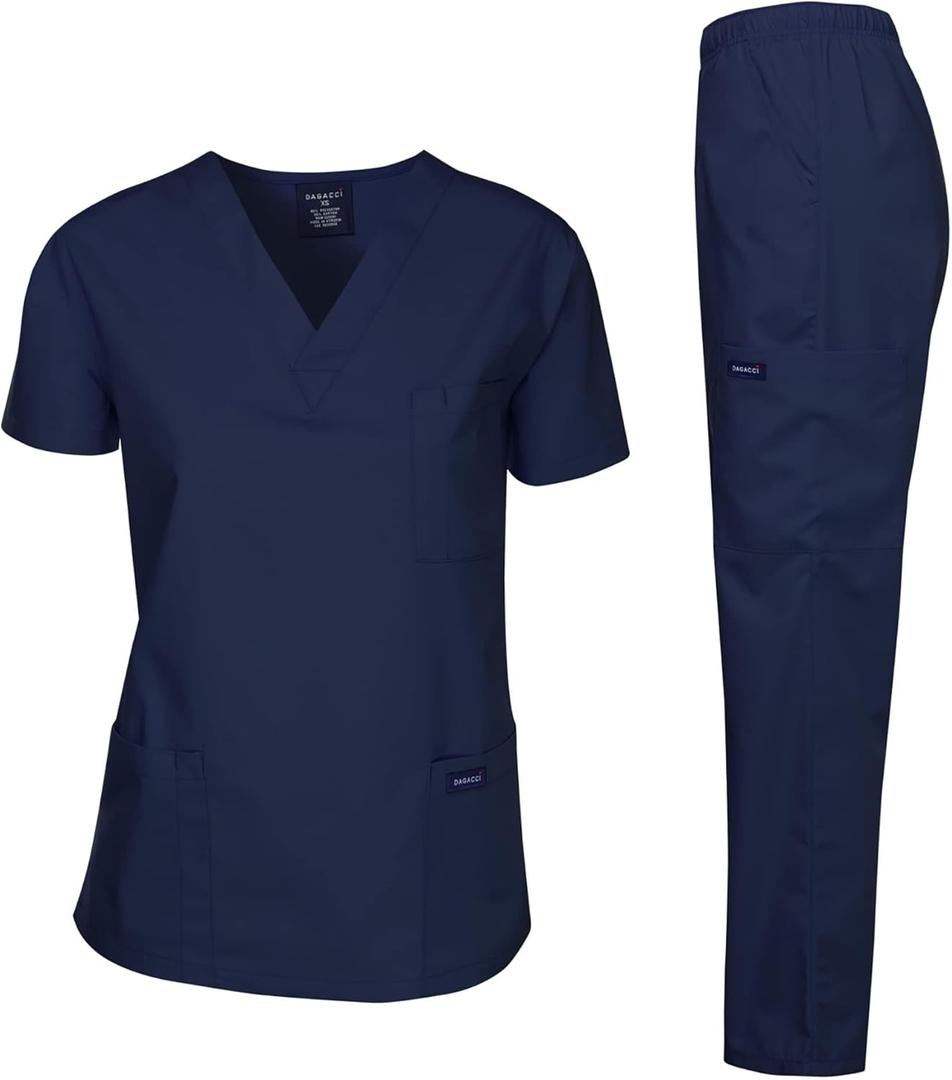 Dagacci Medical Uniform Woman and Man Scrub Set Unisex Medical Scrub Top and Pant, Navy, L