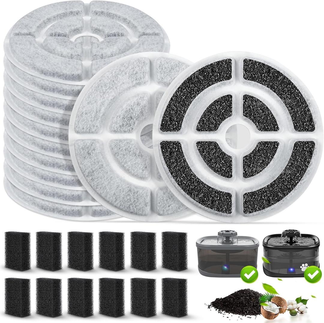 12 Pack 7" Activated Carbon Filters for SIBAYS 2.5GAL/9.5L Dog Water Fountain, 18cm Large Size Filters and Sponges for Kastty 9L Large Dog Water Fountains, 12 Pack Filters + 12 Pack Sponges