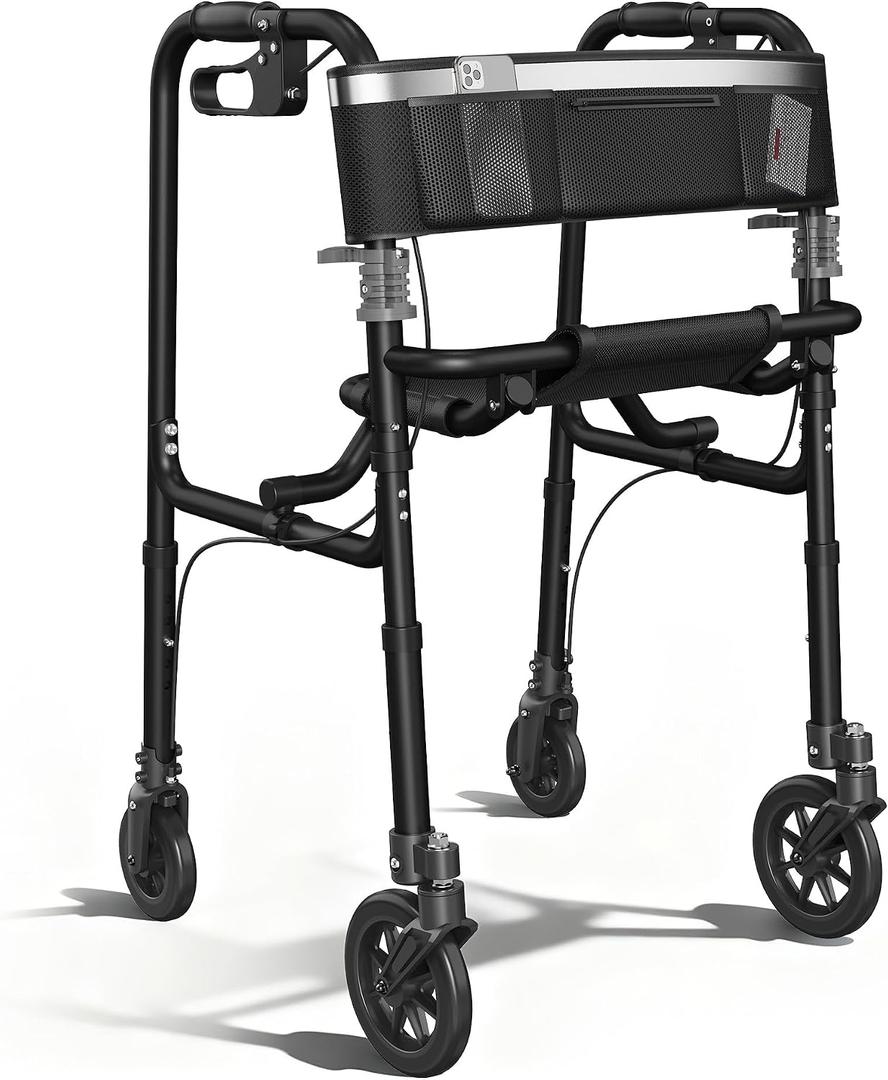 Walkers for Seniors, 4 Wheel Rollator Walker with Seat Supports 300lb,Aluminum Frame, Foldable Walker with 6" Backrest & Storage Bag, Height Adjustable, Lightweight Rolling Walker,Only 12LBS