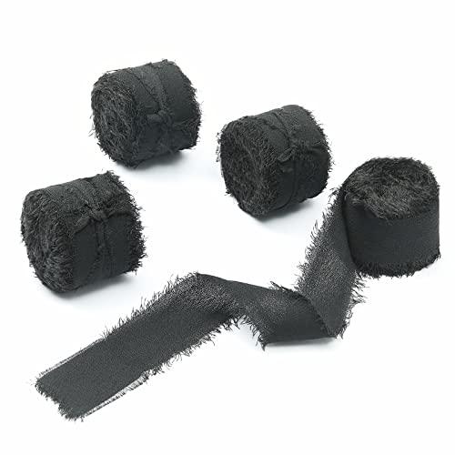 3 Rolls 1" W x 5Yd Black Handmade Fringe Chiffon Silk Ribbon, Frayed Edges Ribbon for Wedding Invitations, Bridal Bouquets, Gifts Wrapping, DIY Crafts,Bow Making(1" x20Yd Black)