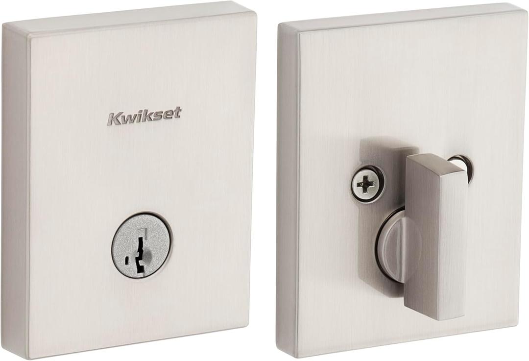 Kwikset San Clemente Deadbolt Lock, Satin Nickel Rectangle Exterior Keyed Front Entry Door, Pick Resistant SmartKey Rekey Security, Single Cylinder Dead Bolt, with Microban Protection