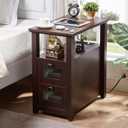 Farmhouse XXL End Table with Charging Station, Narrow Side Table with USB Ports and Outlets, Nightstand with 2 Drawers Storage, Bedside Tables for Living Room, Bedroom, Rustic Cherry