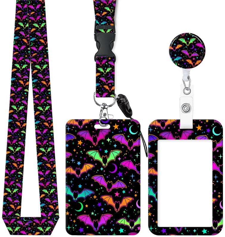 ID Badge Holder with Retractable and Detachable Lanyard, Cute Badge Reel Breakaway Lanyard with Carabiner Clip for Women, Teachers, Nurses, Students, Perfect Work and Office(Purple Bats)