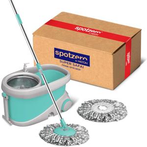 Spotzero by Milton Mop and Bucket with Wringer Set for Home, 360 Spin Mop and Bucket System with Microfiber Technology, Height Adjustable Handle, Kitchen Mop Floor Cleaning Prime Spin Mop (Stainless Steel Wringer, Aqua Green)